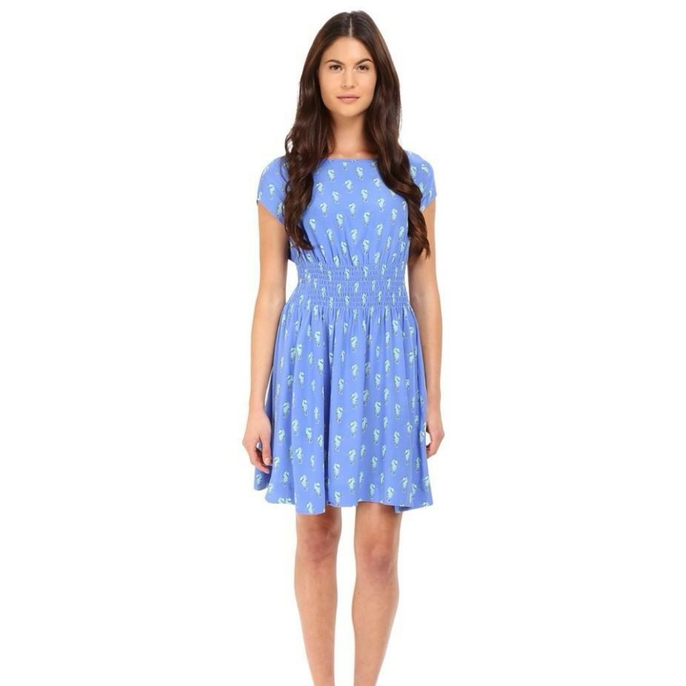 Kate Spade Blue Seahorse Smocked Waist Silk Blaire Dress, Size Medium (M)